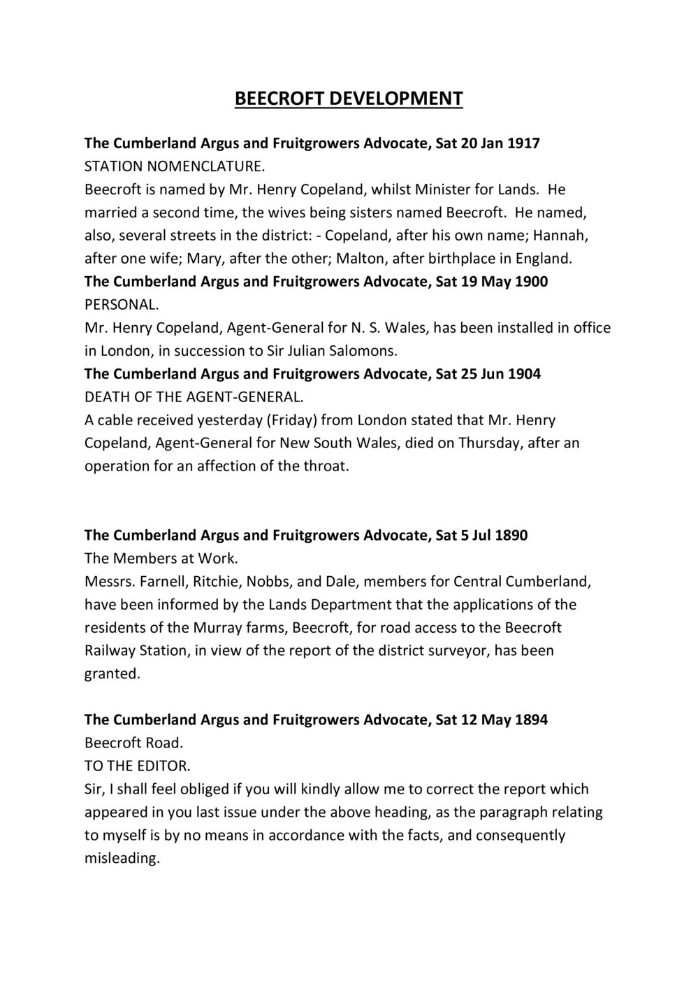 Early Development of Beecroft