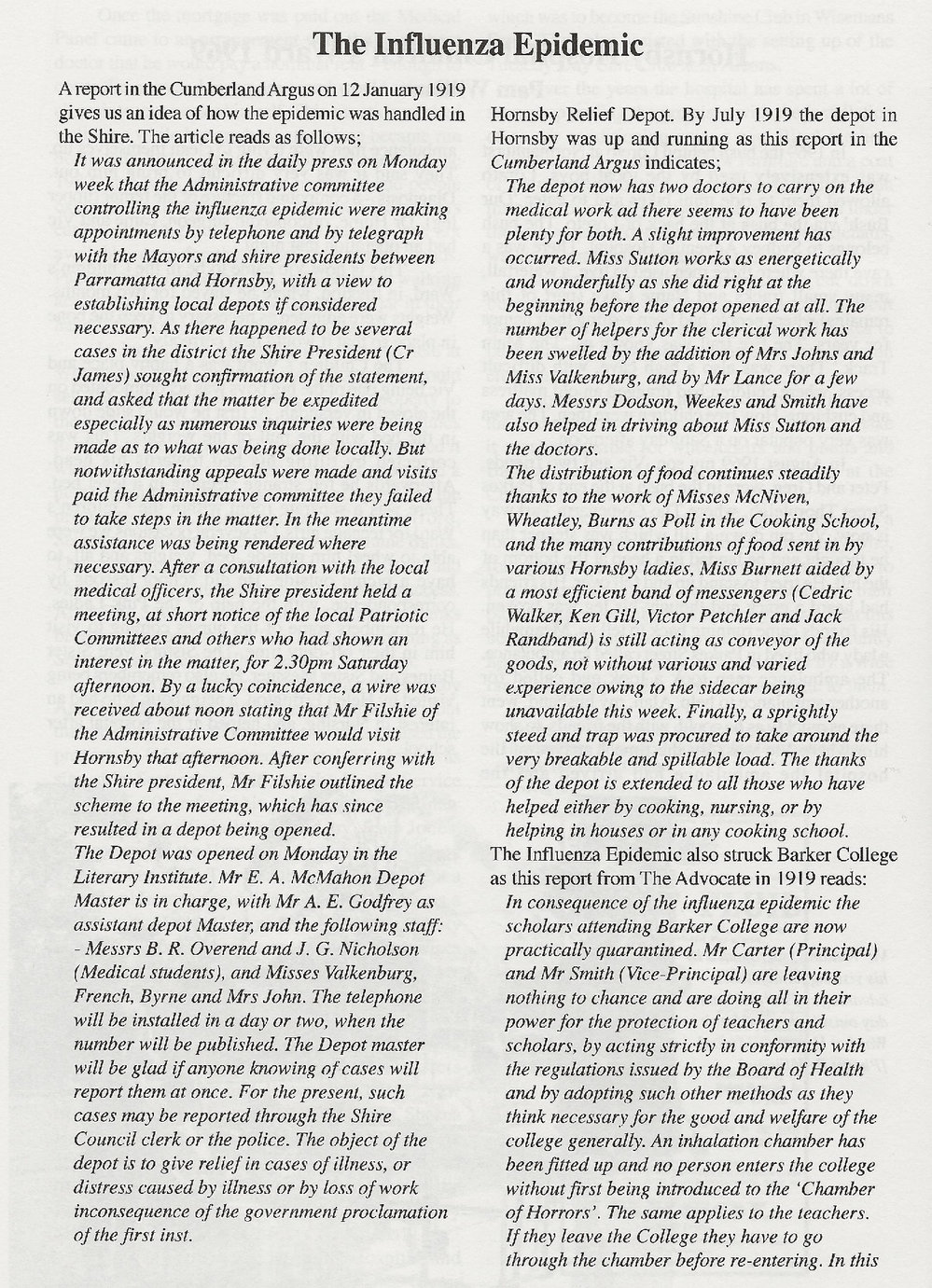 The influenza epidemic of 1919 in Hornsby Shire