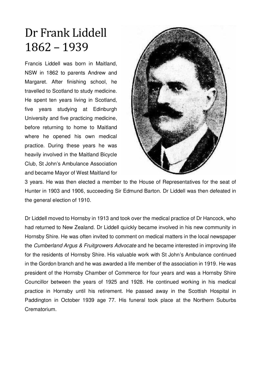 Dr Frank Liddell 1862 - 1939