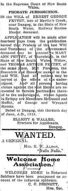Report on the probate on the estate of  Ernest Pettet.