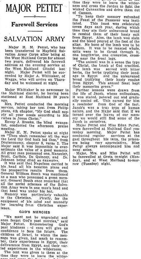 Newspaper report on the farewell of Major Pettet from his post in Maitland, NSW.