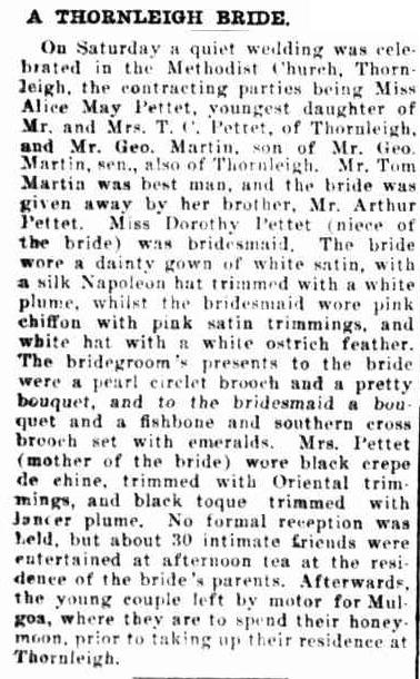 Newspaper report on the marriage of  Alice May Pettet and George Martin.