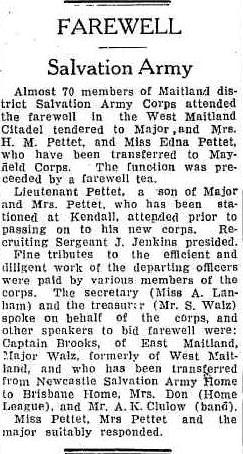 Newspaper report on the farewell of Major Pettet from his post in Maitland, NSW.