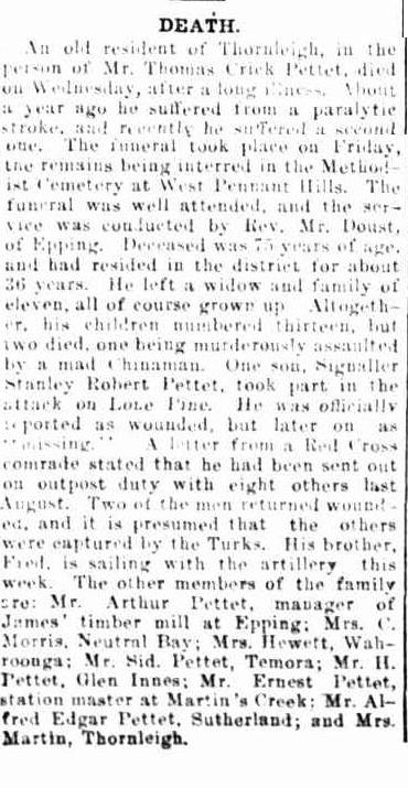 Death notice of Thomas Crick Pettet.