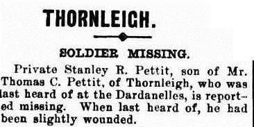 Newspaper report stating that Stanley Pettet is missing in action.