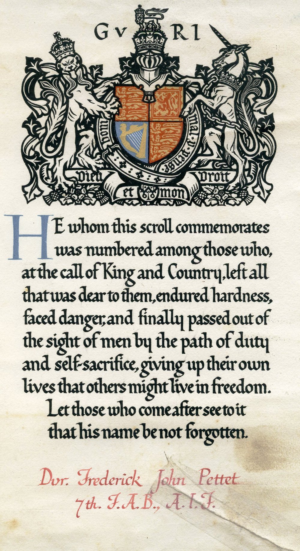 Commemoration scroll for Frederick John Pettet