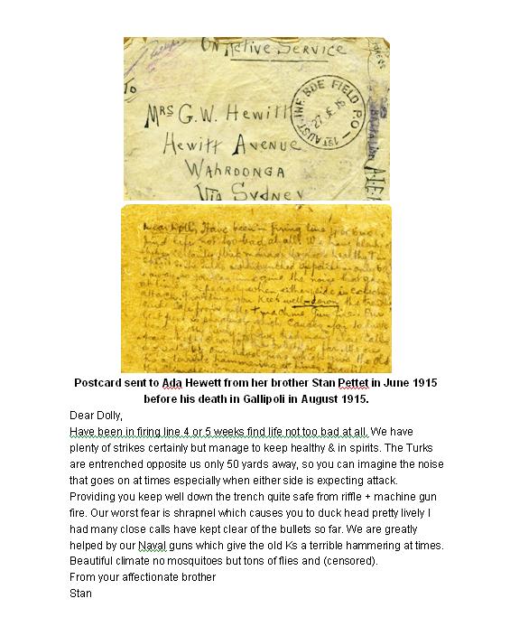 Postcard sent to Ada Hewett from her brother Stan Pettet in June 1915 before his death in Gallipoli in August 1915