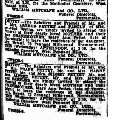 Death notice for Mary Ann Pettet.