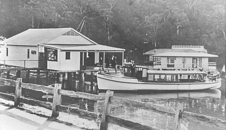 Huett's Boatshed, Berowa Waters, showing the launch Enterprise, 1930s