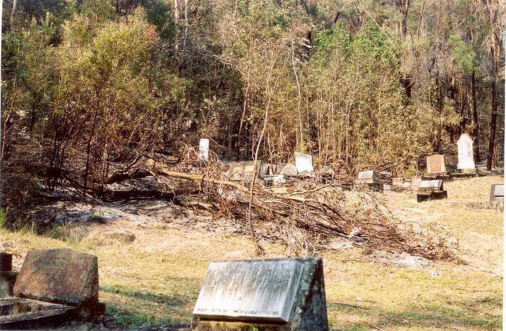 Wisemans Ferry Cemetery after the bushfire, December 2002