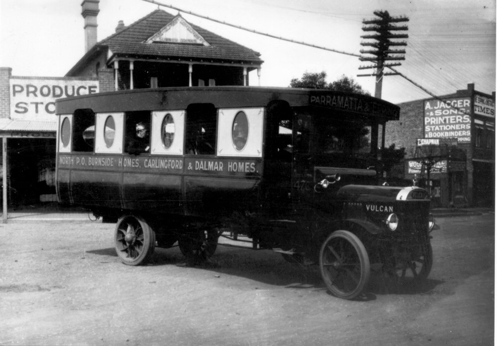 Parramatta and Epping bus, Bridge Street, Epping, c. 1930