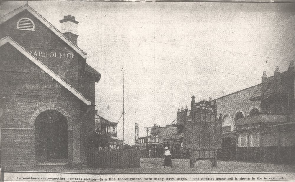 Coronation Street, Hornsby, showing the Hornsby Roll of Honour and the Post Office, c. 1922