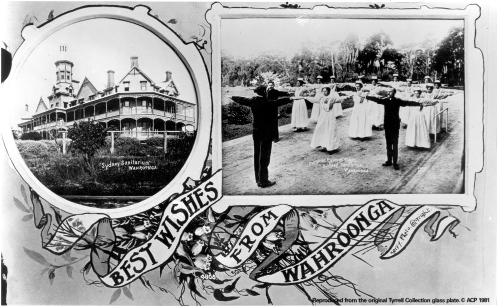 'Best Wishes from Wahroonga' [postcard], showing scenes of Sydney Sanatorium