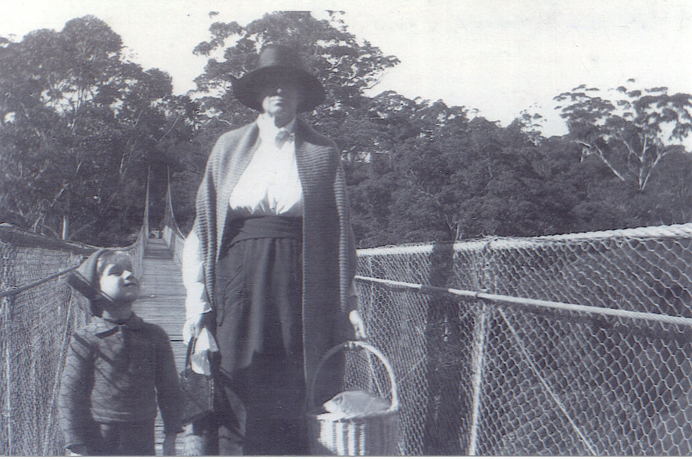 Crossing Mt Wilga Suspension Bridge, c. 1924