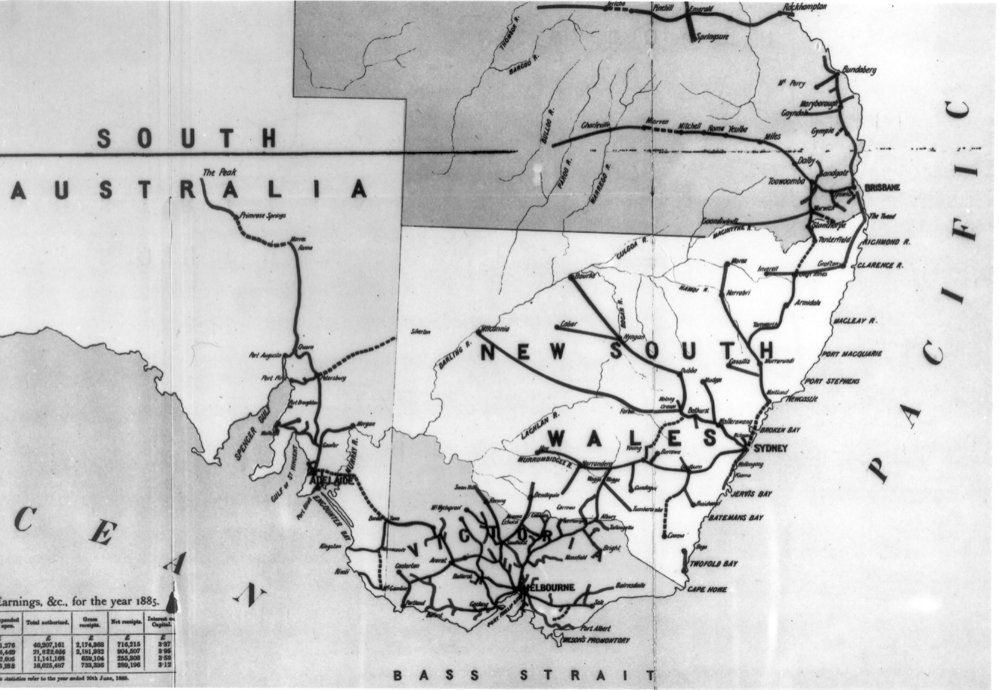Portion of "Map showing the Railway Systems of Australia, 1885"
