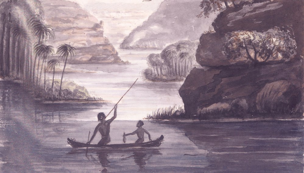 Aborigines in a canoe [watercolour]