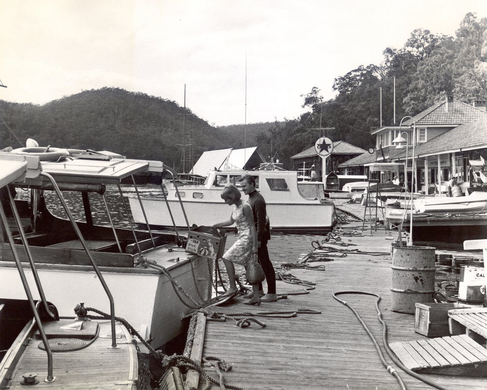 Marina at Bobbin Head, showing Halvorsen's Boatshed, c. 1970