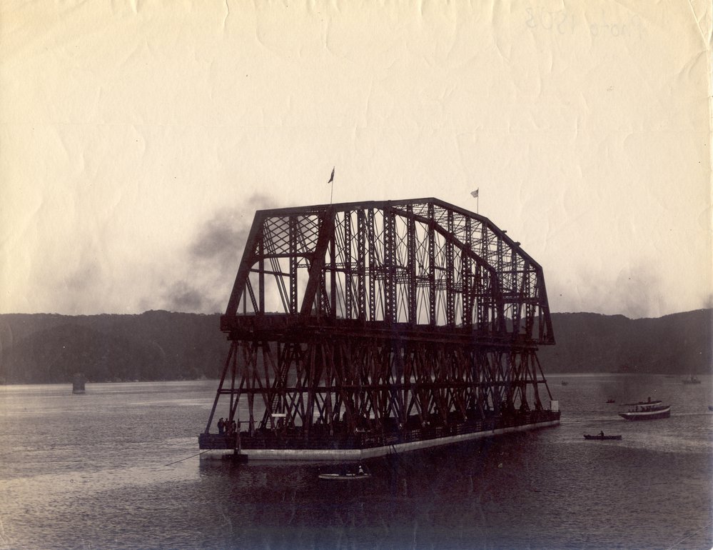 First span of the First Hawkesbury River Railway Bridge being floated into place