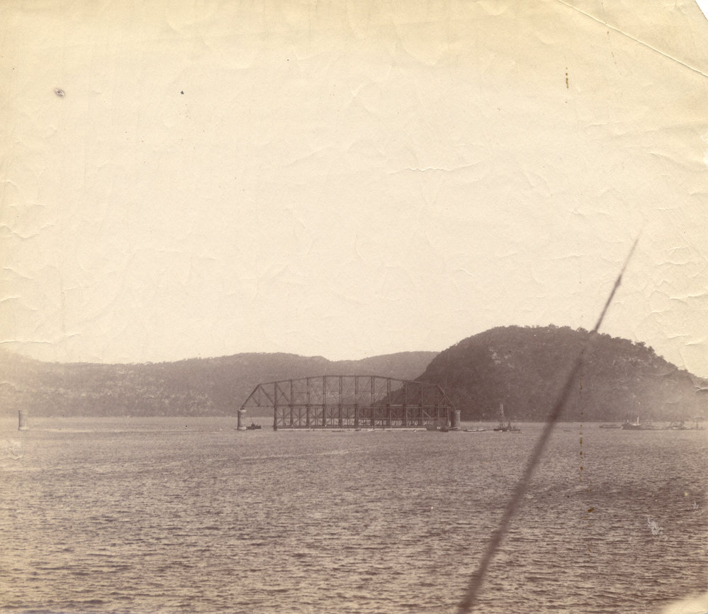 Span of First Hawkesbury River Railway Bridge being floated into position