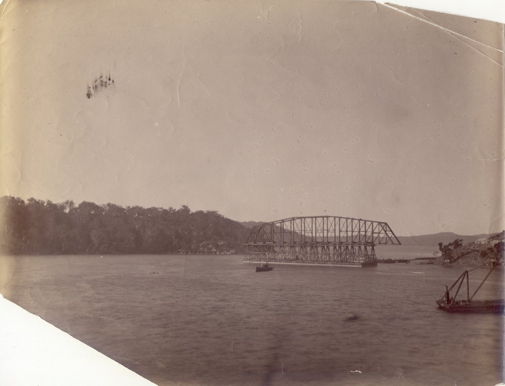 Span of the First Hawkesbury River Railway Bridge floating on a pontoon