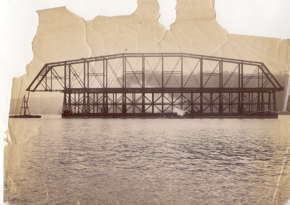 Span of the First Hawkesbury River Railway Bridge floating on a steam pontoon