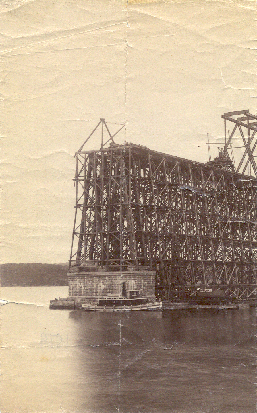 A span of the First Hawkesbury River Railway Bridge being fixed to a caisson.