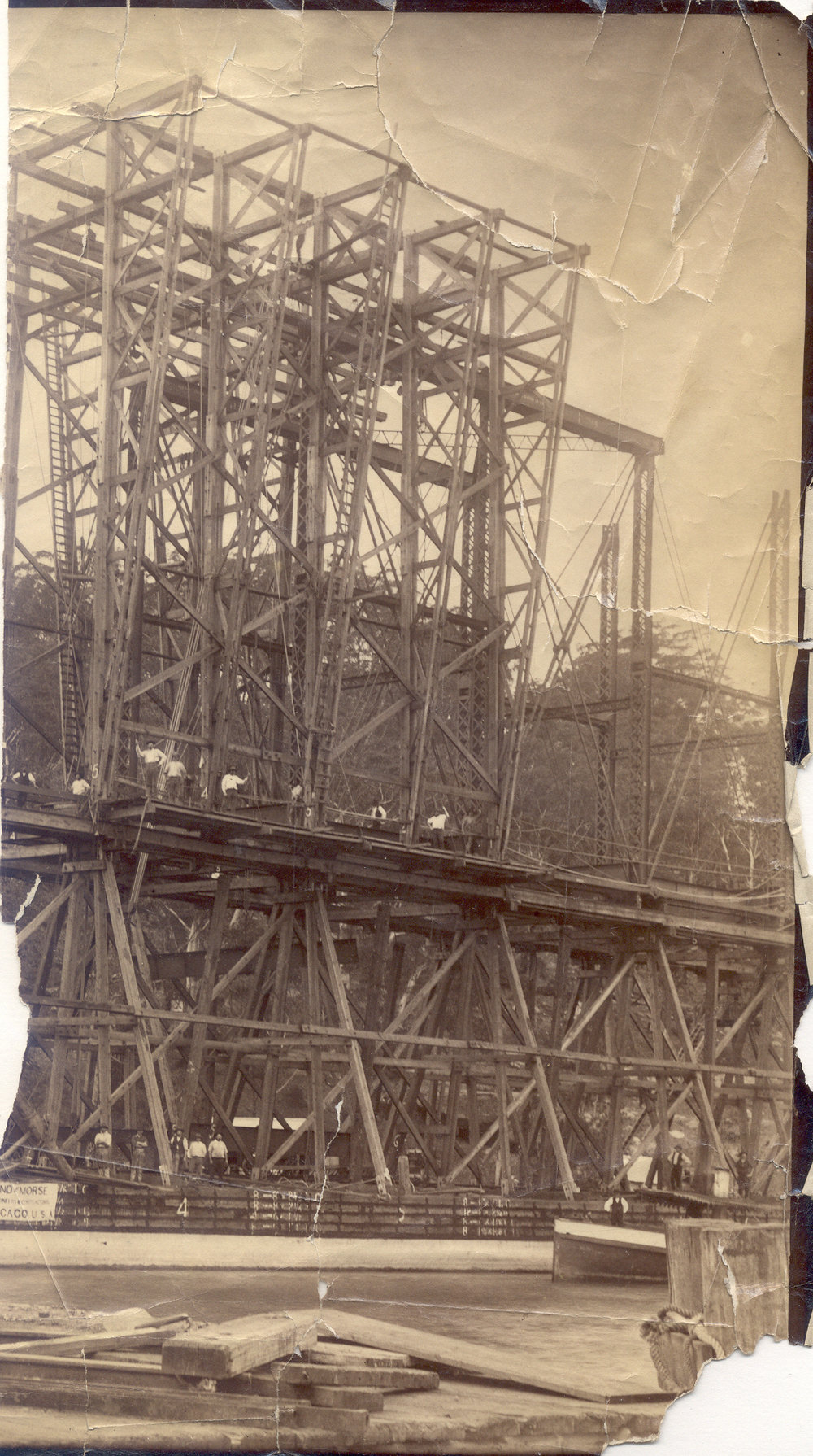 A span of the First Hawkesbury River Railway Bridge under scaffolding