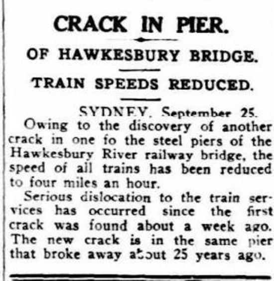 Crack in pier of Hawkesbury Bridge