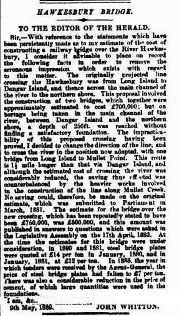 Hawkesbury Bridge: to the editor of the Herald