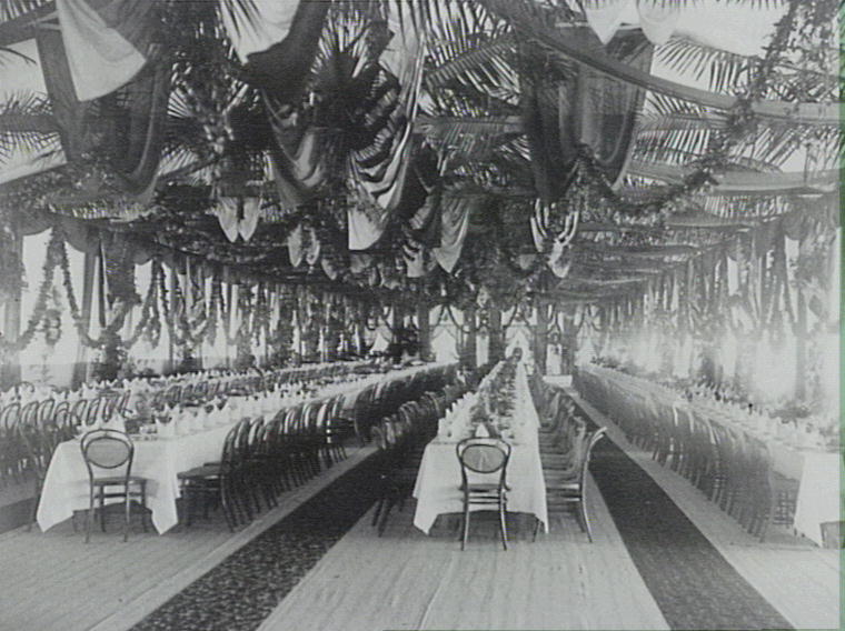 Banqueting tables on the pontoon alongside Dangar island