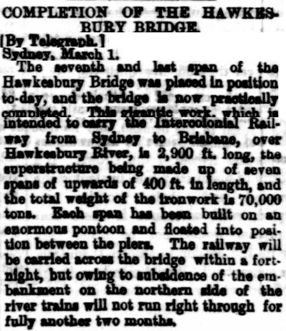 Completion of the Hawkesbury Bridge