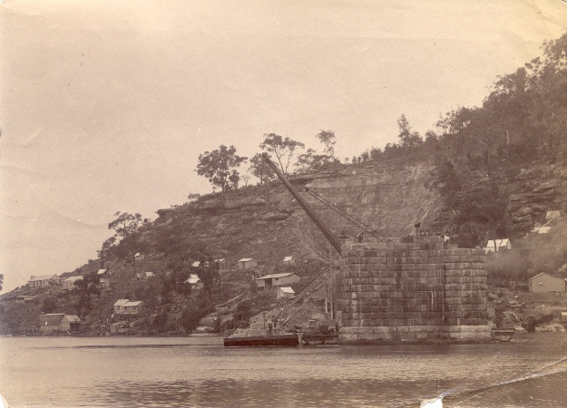 Building the first caisson. - First Hawkesbury River Railway Bridge