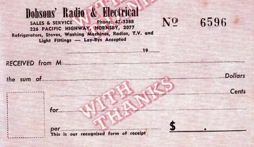 Dobsons' Radio and Electrical Receipt and Advertisment