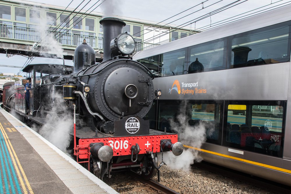 Hornsby Railway Station - two trains, old and new