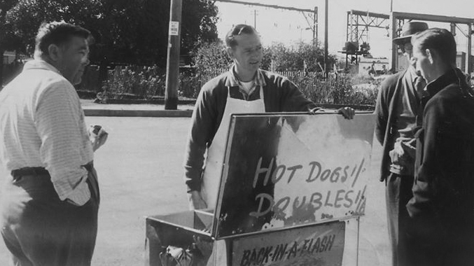 Clive Roots outside Hornsby Railway Hotel, C. 1960