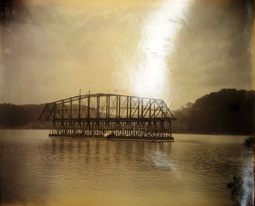 Floating a span towards the First Hawkesbury River Railway Bridge