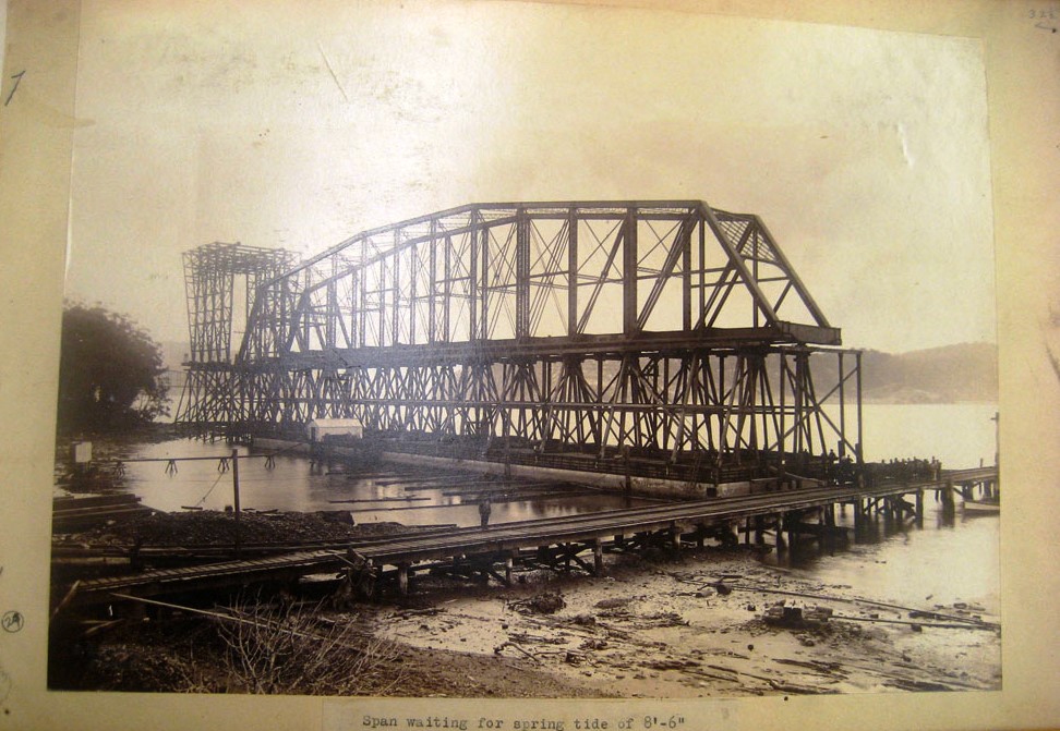 Span waiting a spring tide - First Hawkesbury River Railway Bridge