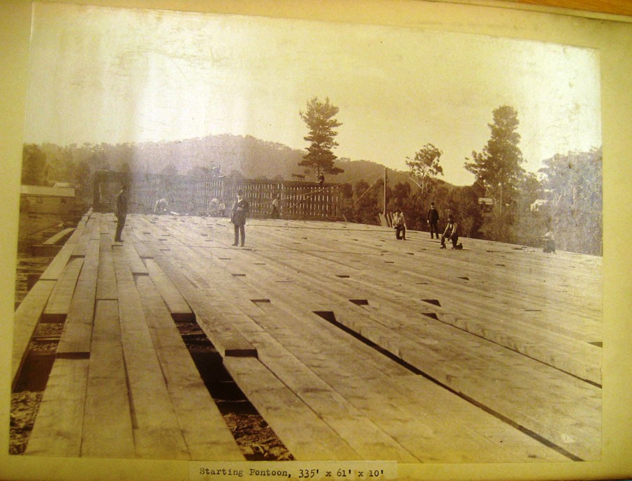 Workers building a pontoon during the construction of the First Hawkesbury River Railway Bridge
