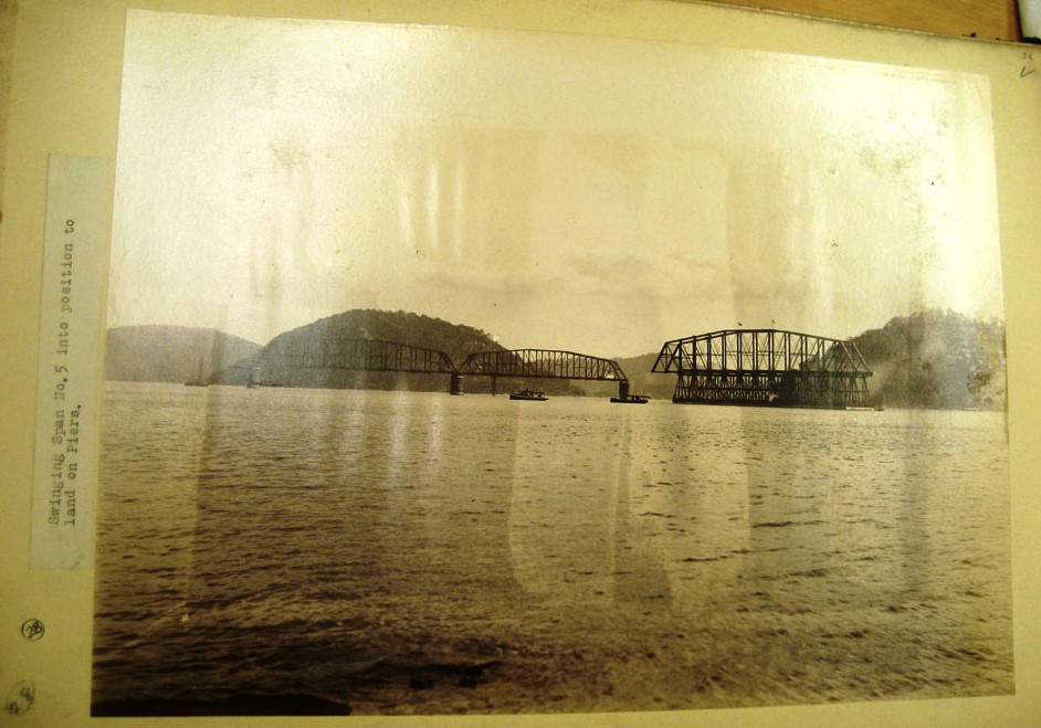 Swinging span number 5 into position to land on piers - First Hawkesbury River Railway Bridge