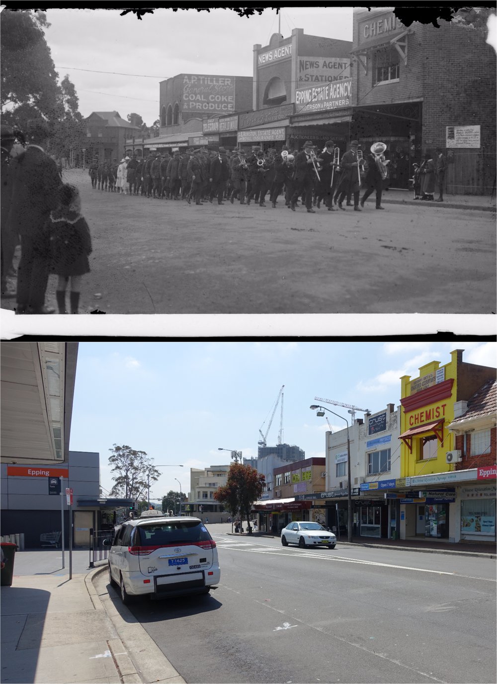 Wartime procession on Langston Place, Epping Then and Now