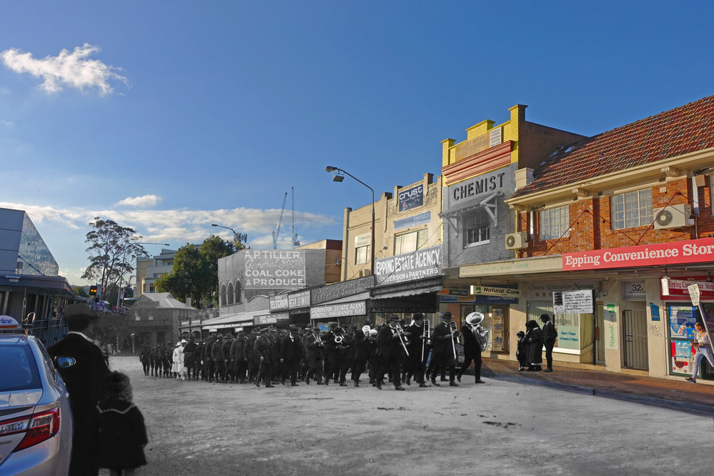 Wartime procession on Langston Place, Epping Composite Image