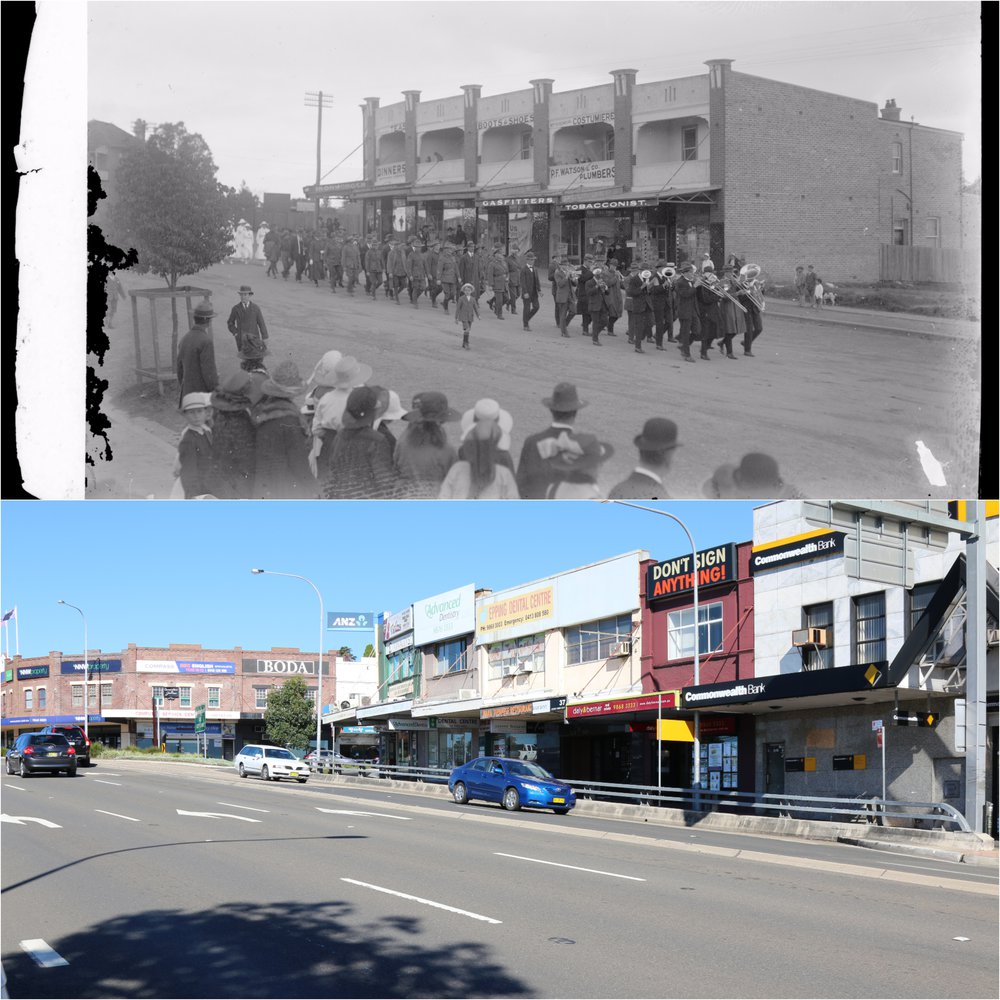 Wartime procession on High Street / Beecroft Road, Epping Then and Now