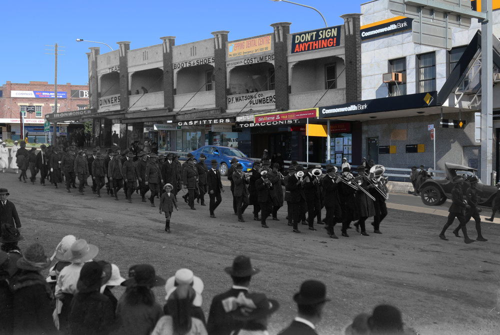 Wartime procession on High Street / Beecroft Road, Epping Composite Image
