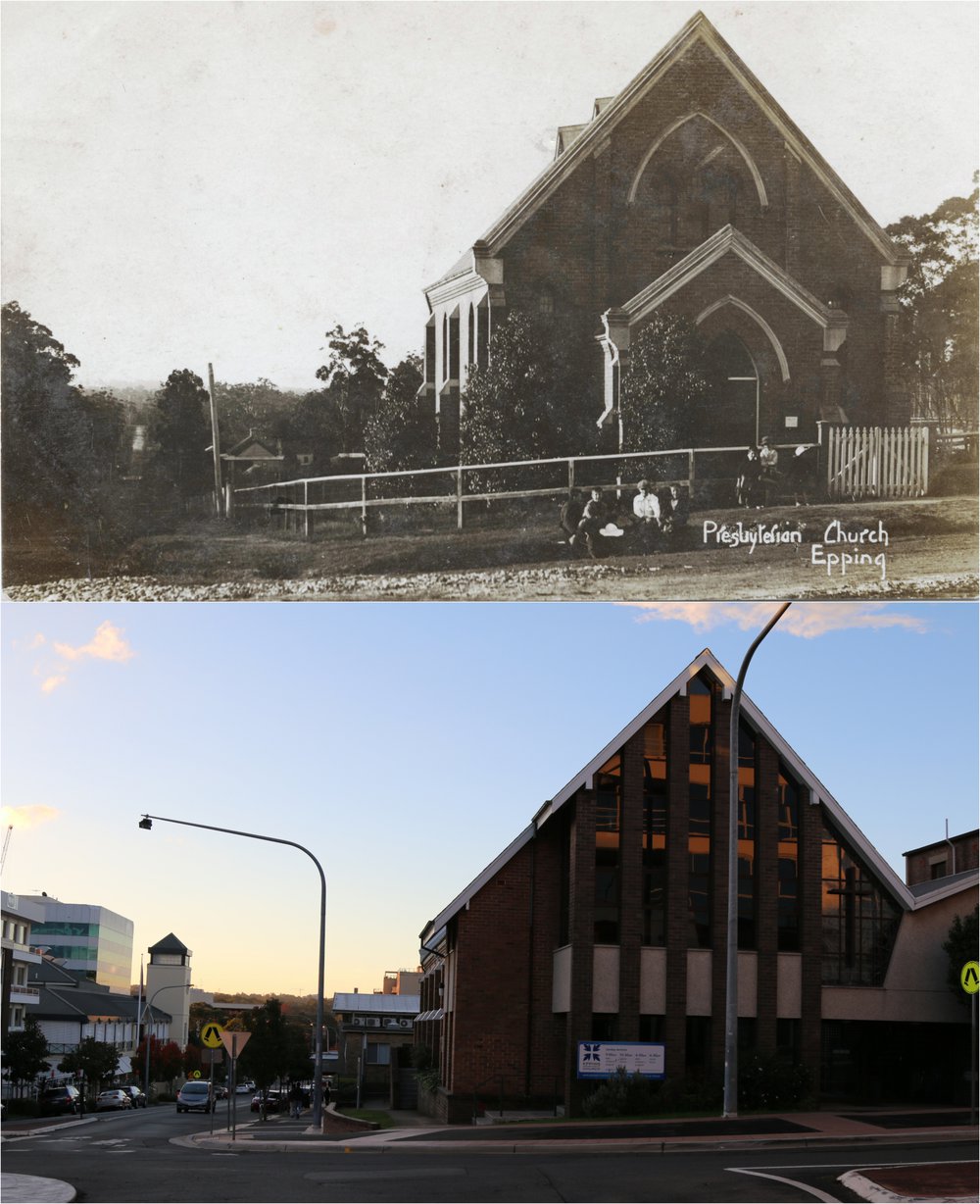 Presbyterian Church on Bridge Street, Epping looking down Rawson Street Then and Now