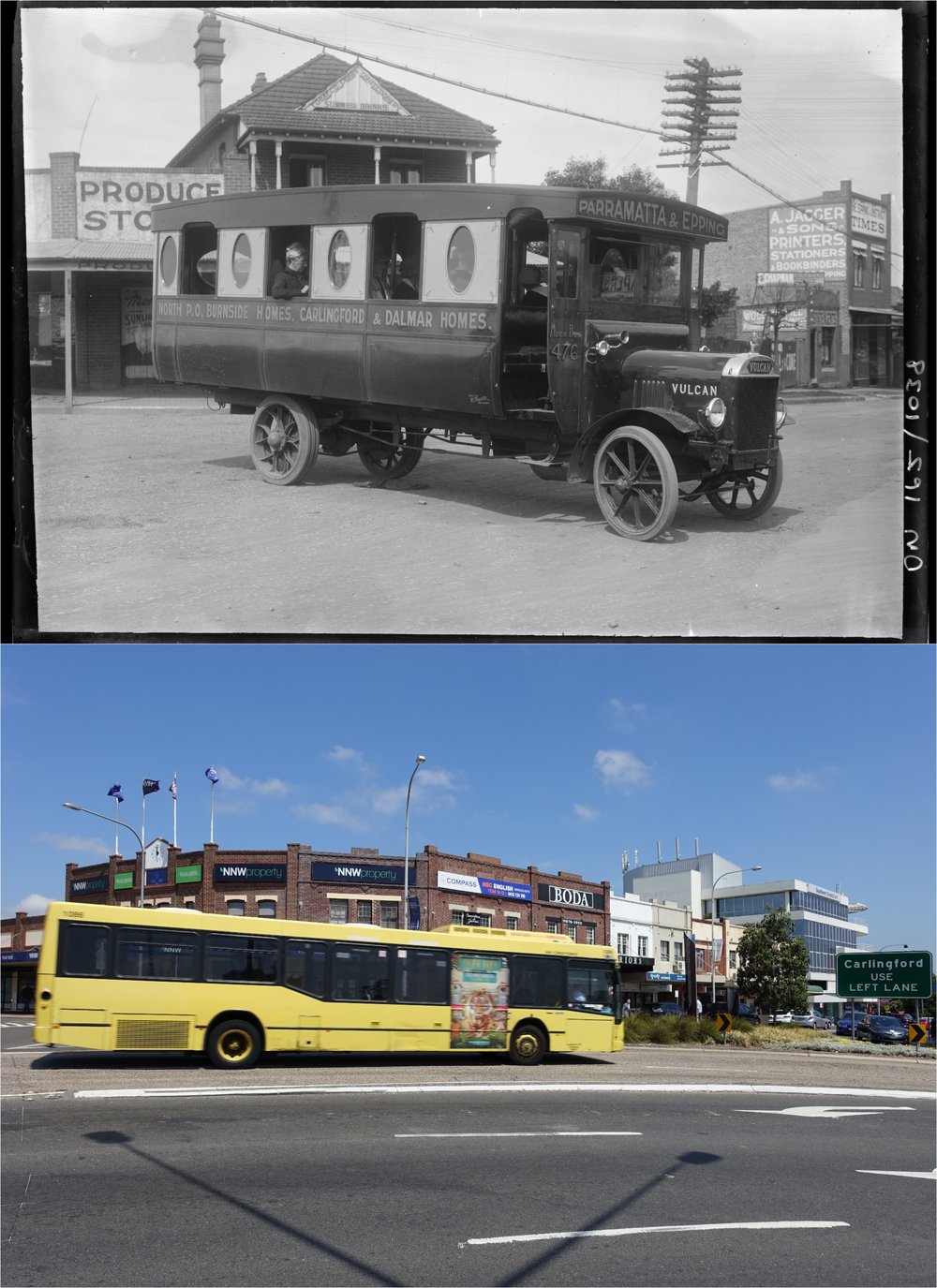 Buses on the corner of High Street / Beecroft Road and Epping Road Then and Now