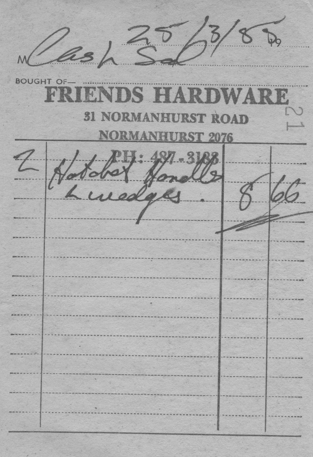 Friends Hardware Receipt - Normanhurst