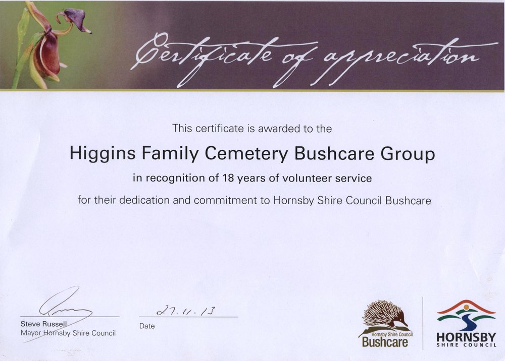 Higgins Family Cemetery Bushcare Group certificate
