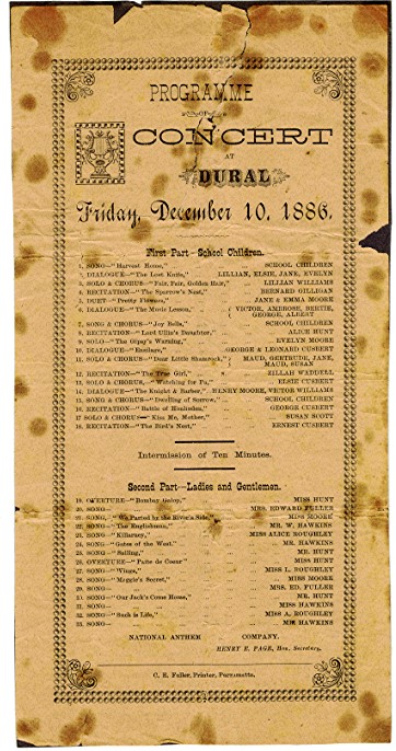 Programme for a schoolchildren's concert in Dural 