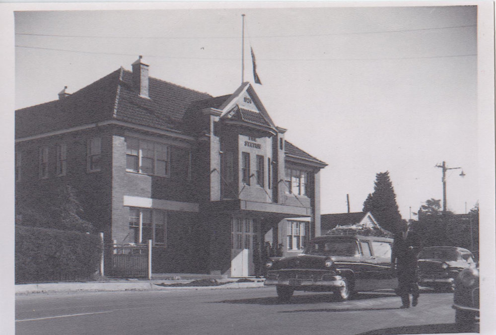 Funeral proccession passing Hornsby Shire Fire Station, 1950s