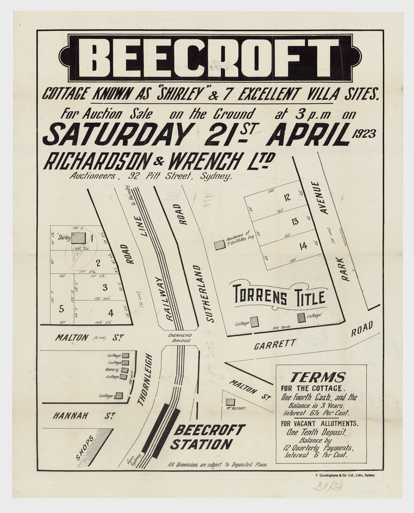 Sale of the cottage "Shirley" and seven villa sites - Beecroft